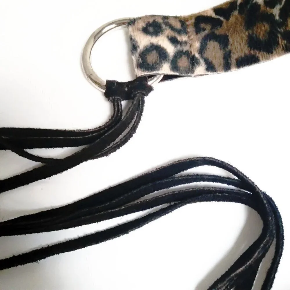 Silver Rings.Faux Leopard & Black Suede Fringe Tie Belt